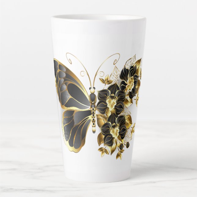 Gold Flower Butterfly with Black Orchid Latte Mug (Front)