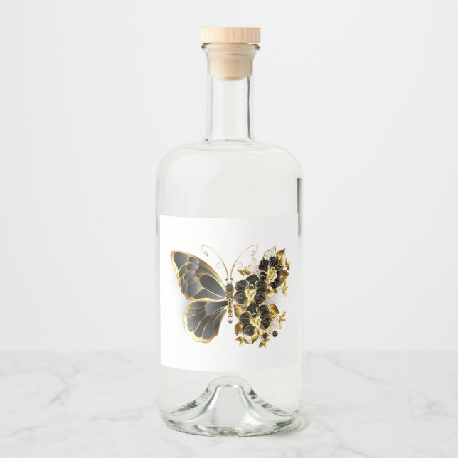 Gold Flower Butterfly with Black Orchid Liquor Bottle Label (Front)