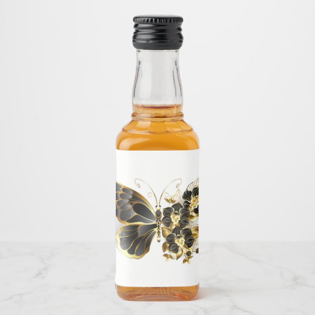 Gold Flower Butterfly with Black Orchid Liquor Bottle Label (Front)