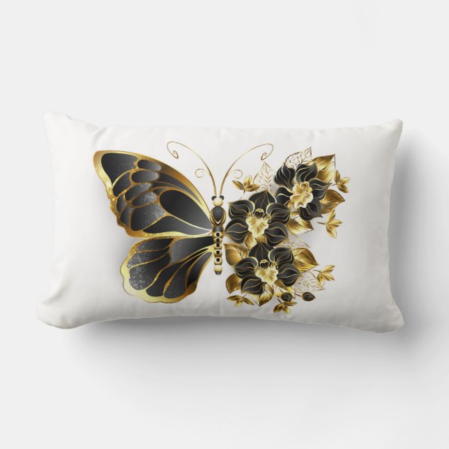 Gold Flower Butterfly with Black Orchid Lumbar Cushion (Front)