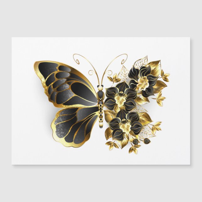 Gold Flower Butterfly with Black Orchid Magnetic Invitation (Front)