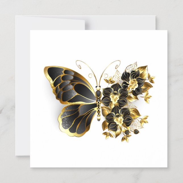 Gold Flower Butterfly with Black Orchid Magnetic Invitation (Front)