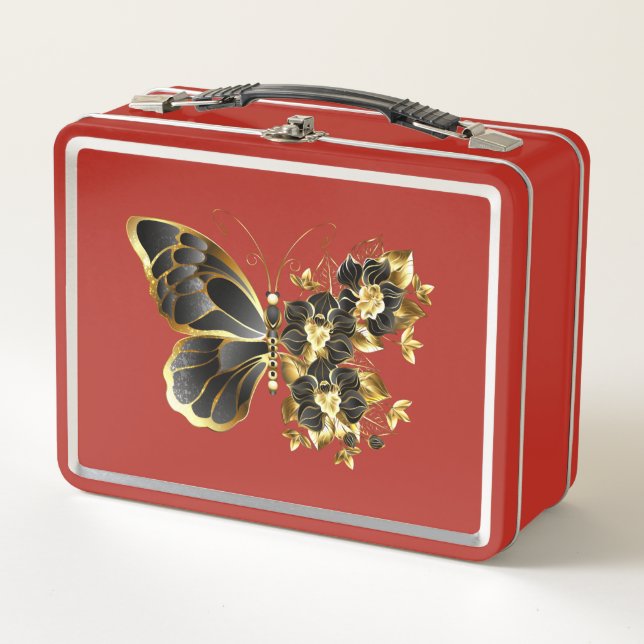 Gold Flower Butterfly with Black Orchid Metal Lunch Box (Front)