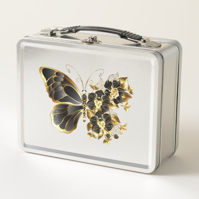Gold Flower Butterfly with Black Orchid Metal Lunch Box (Front)