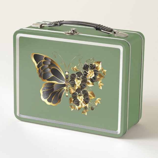 Gold Flower Butterfly with Black Orchid Metal Lunch Box (Front)