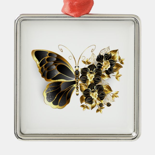 Gold Flower Butterfly with Black Orchid Metal Tree Decoration (Front)