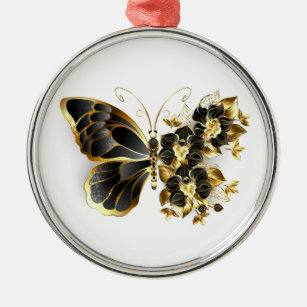 Gold Flower Butterfly with Black Orchid Metal Tree Decoration