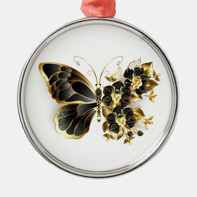 Gold Flower Butterfly with Black Orchid Metal Tree Decoration (Front)