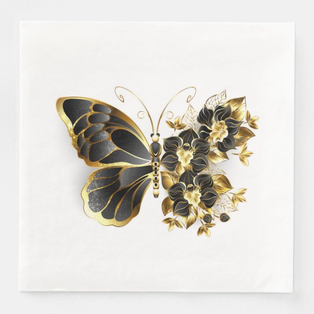 Gold Flower Butterfly with Black Orchid Napkin (Front)