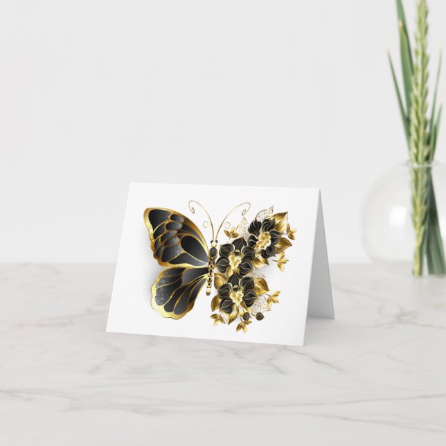 Gold Flower Butterfly with Black Orchid Note Card (Front)