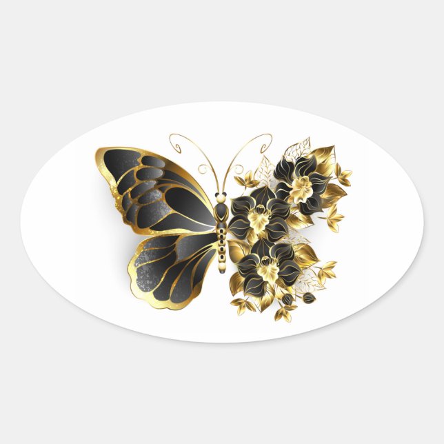 Gold Flower Butterfly with Black Orchid Oval Sticker (Front)