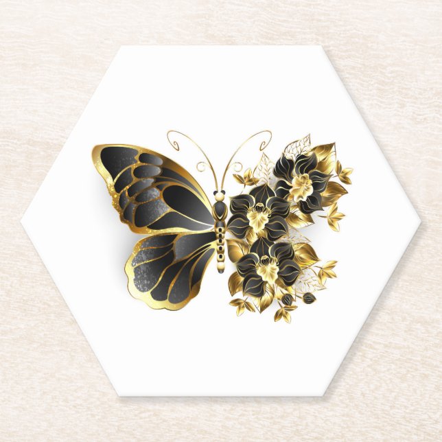 Gold Flower Butterfly with Black Orchid Paper Coaster (Front)