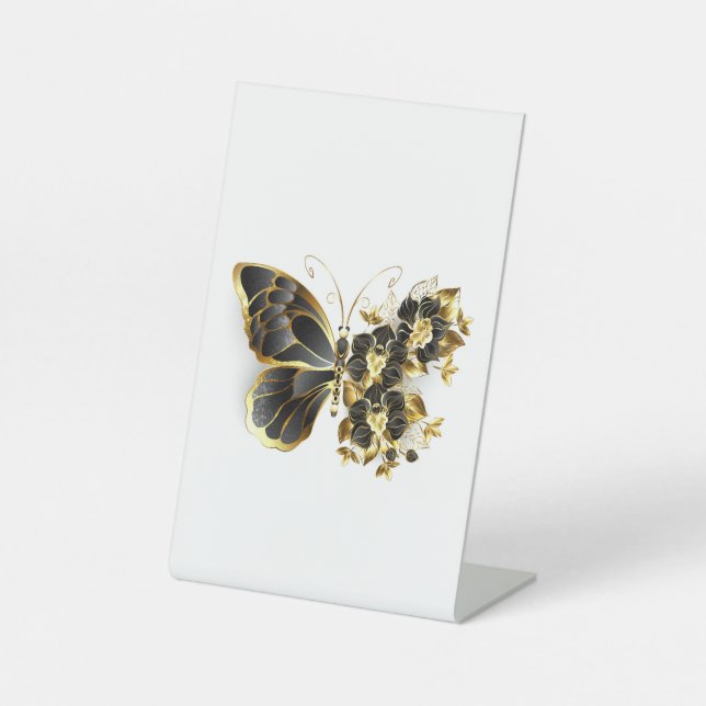 Gold Flower Butterfly with Black Orchid Pedestal Sign (Front)