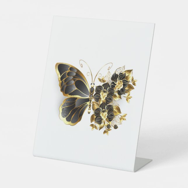 Gold Flower Butterfly with Black Orchid Pedestal Sign (Front)