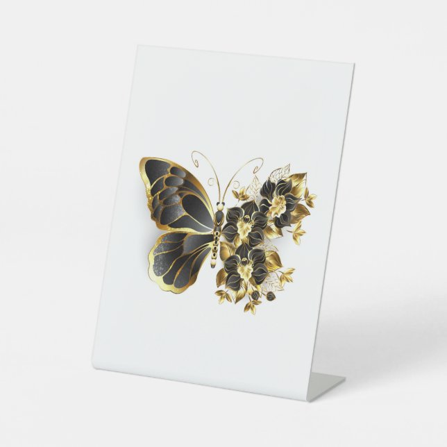 Gold Flower Butterfly with Black Orchid Pedestal Sign (Front)