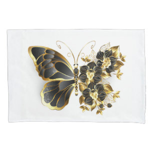 Gold Flower Butterfly with Black Orchid Pillowcase