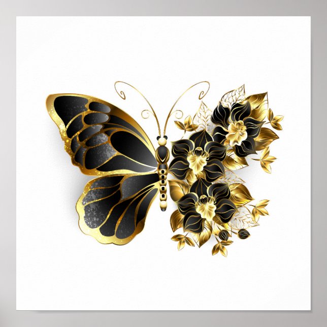Gold Flower Butterfly with Black Orchid Poster (Front)