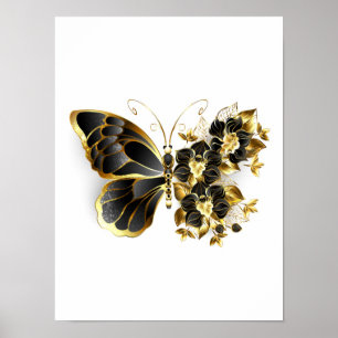 Gold Flower Butterfly with Black Orchid Poster