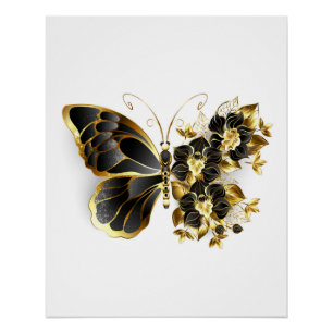 Gold Flower Butterfly with Black Orchid Poster