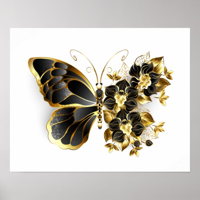 Gold Flower Butterfly with Black Orchid Poster (Front)