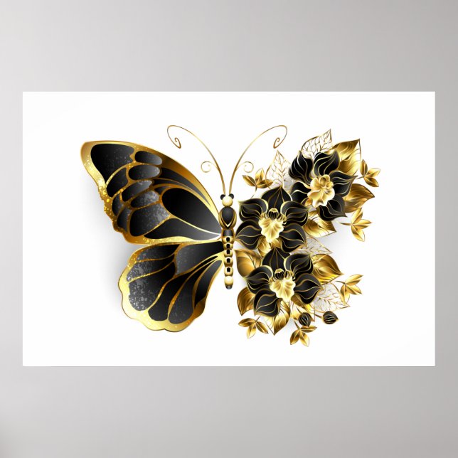 Gold Flower Butterfly with Black Orchid Poster (Front)
