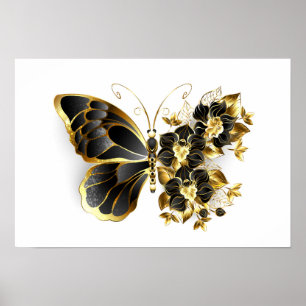 Gold Flower Butterfly with Black Orchid Poster