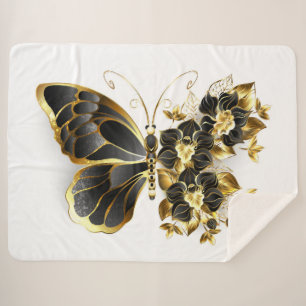 Gold Flower Butterfly with Black Orchid Sherpa Blanket
