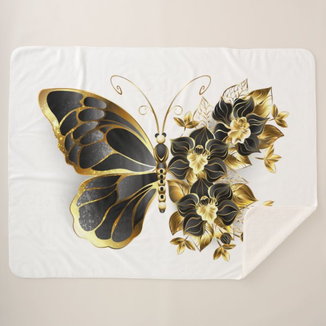 Gold Flower Butterfly with Black Orchid Sherpa Blanket (Front (Horizontal))