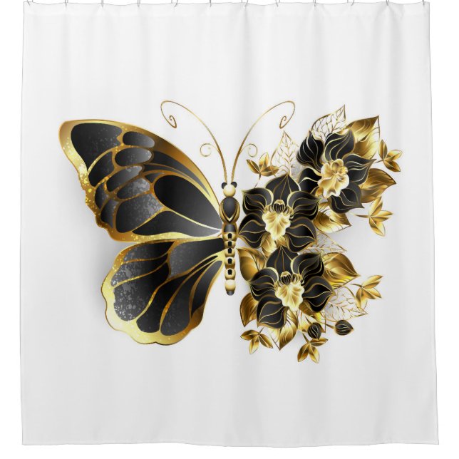 Gold Flower Butterfly with Black Orchid Shower Curtain (Front)