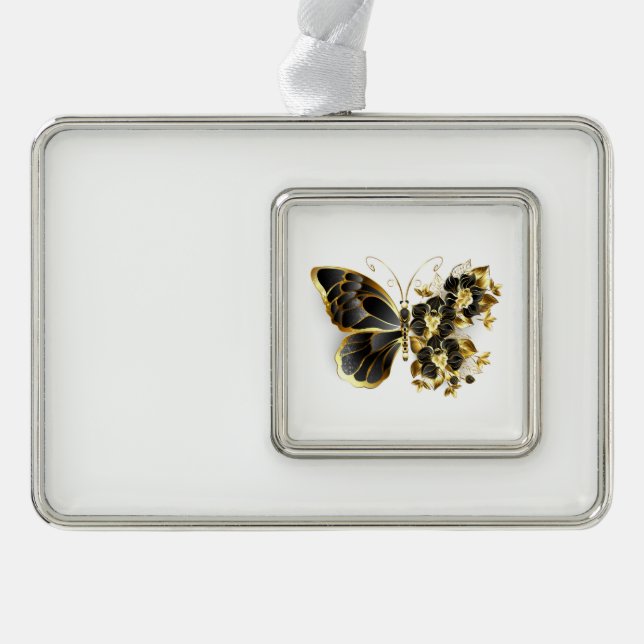 Gold Flower Butterfly with Black Orchid Silver Plated Framed Ornament (Front)