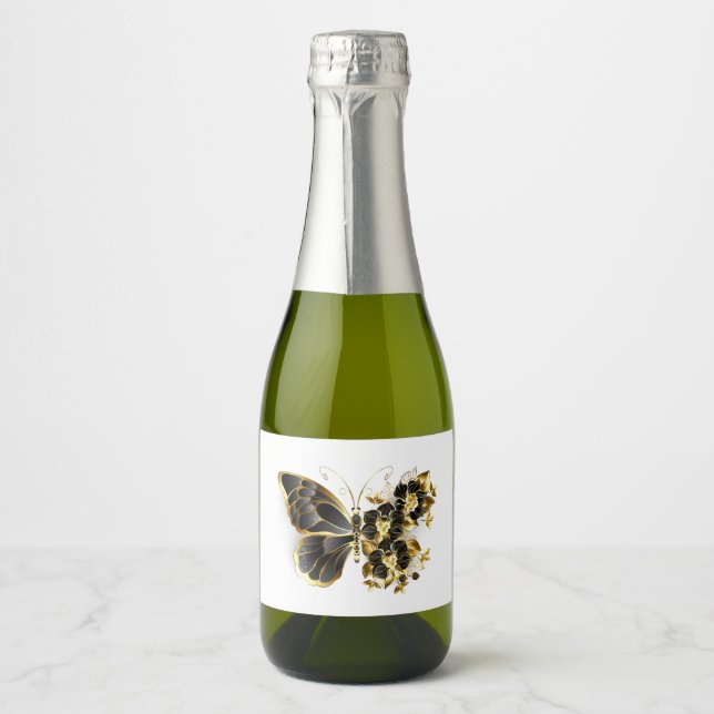 Gold Flower Butterfly with Black Orchid Sparkling Wine Label (Front)