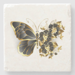 Gold Flower Butterfly with Black Orchid Stone Coaster