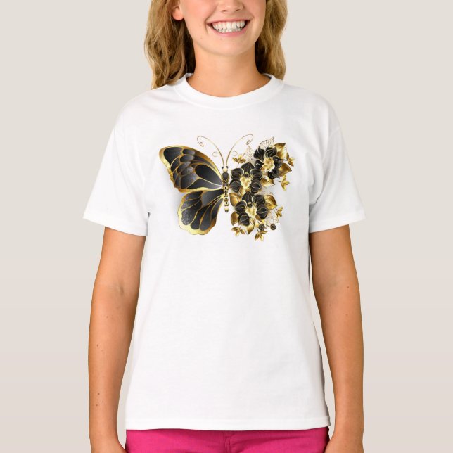 Gold Flower Butterfly with Black Orchid T-Shirt (Front)