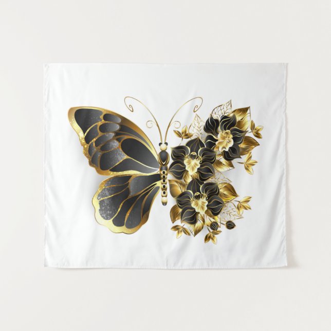 Gold Flower Butterfly with Black Orchid Tapestry (Front (Horizontal))
