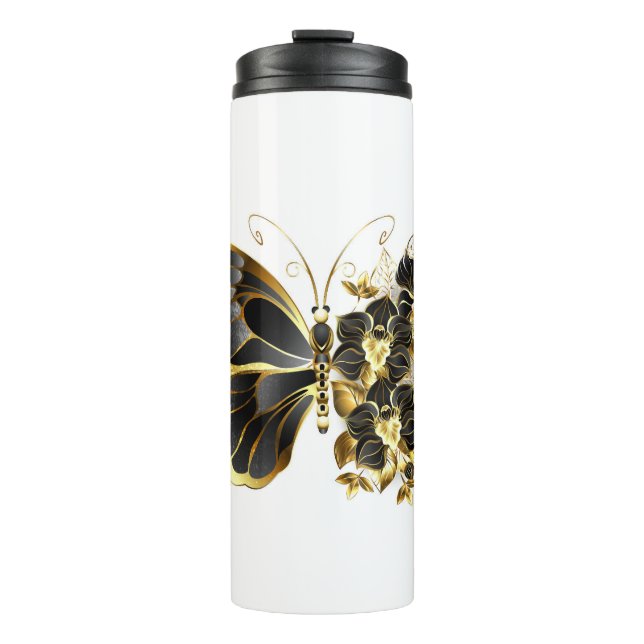 Gold Flower Butterfly with Black Orchid Thermal Tumbler (Front)
