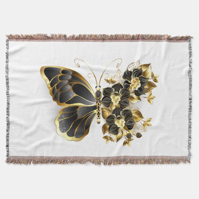Gold Flower Butterfly with Black Orchid Throw Blanket (Front)