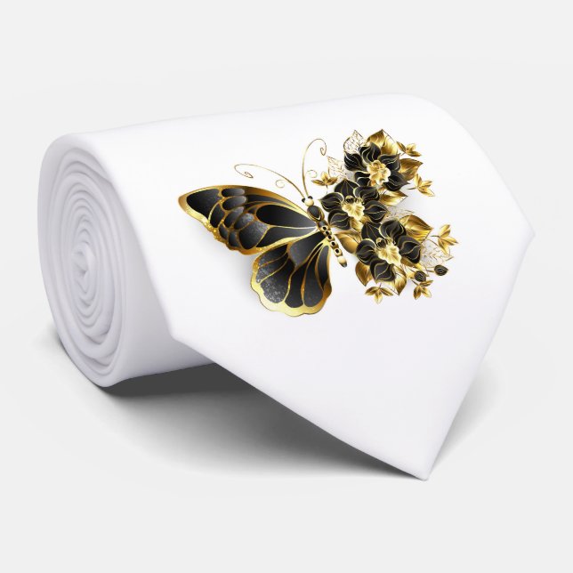 Gold Flower Butterfly with Black Orchid Tie (Rolled)