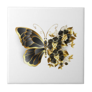 Gold Flower Butterfly with Black Orchid Tile