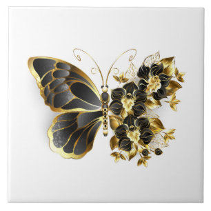 Gold Flower Butterfly with Black Orchid Tile
