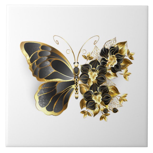 Gold Flower Butterfly with Black Orchid Tile (Front)