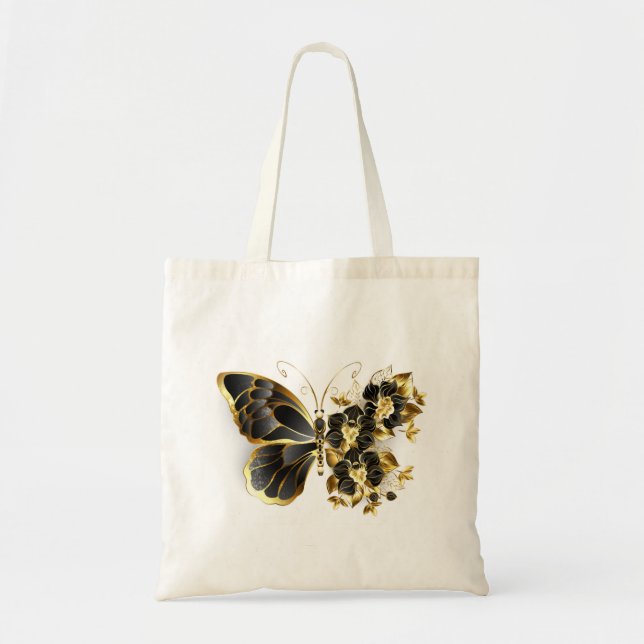 Gold Flower Butterfly with Black Orchid Tote Bag (Front)