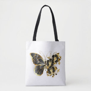Gold Flower Butterfly with Black Orchid Tote Bag