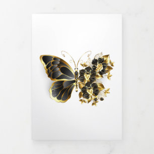 Gold Flower Butterfly with Black Orchid Tri-Fold Invitation