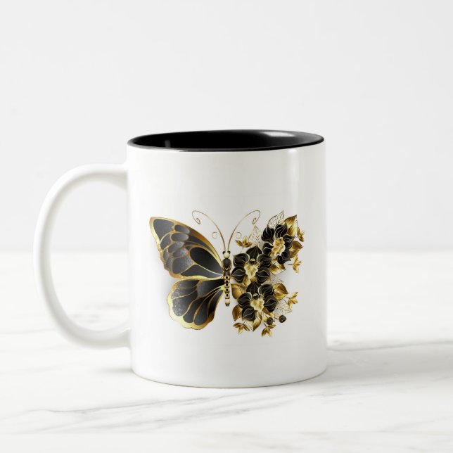 Gold Flower Butterfly with Black Orchid Two-Tone Coffee Mug (Left)