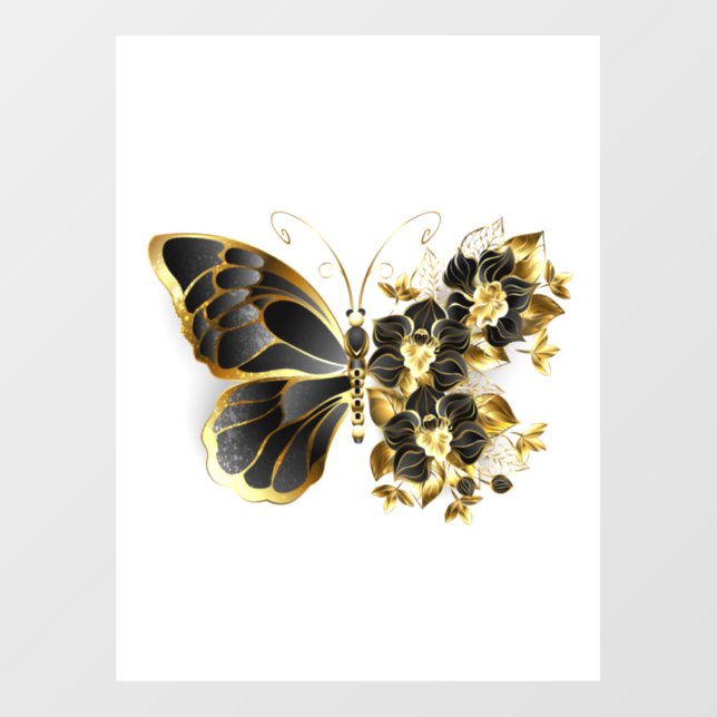 Gold Flower Butterfly with Black Orchid Window Cling (Sheet)