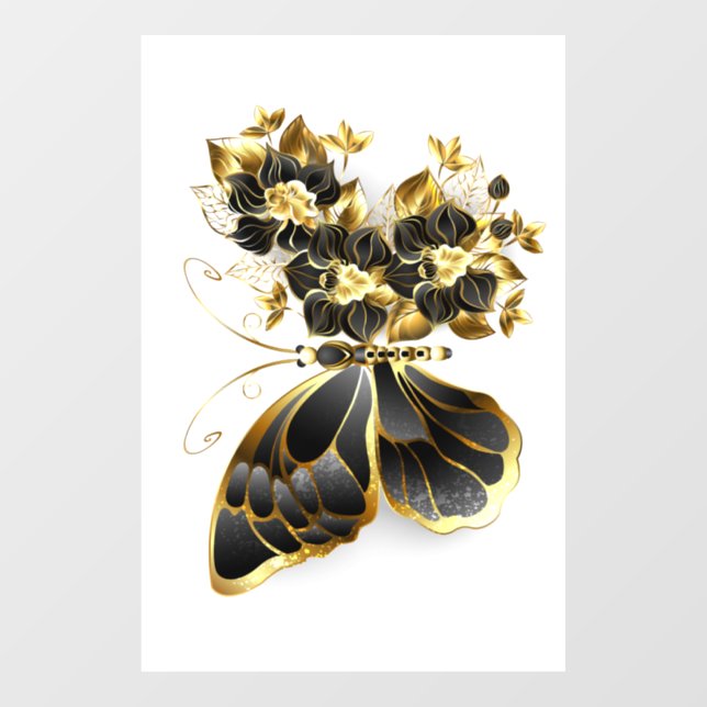 Gold Flower Butterfly with Black Orchid Window Cling (Sheet)