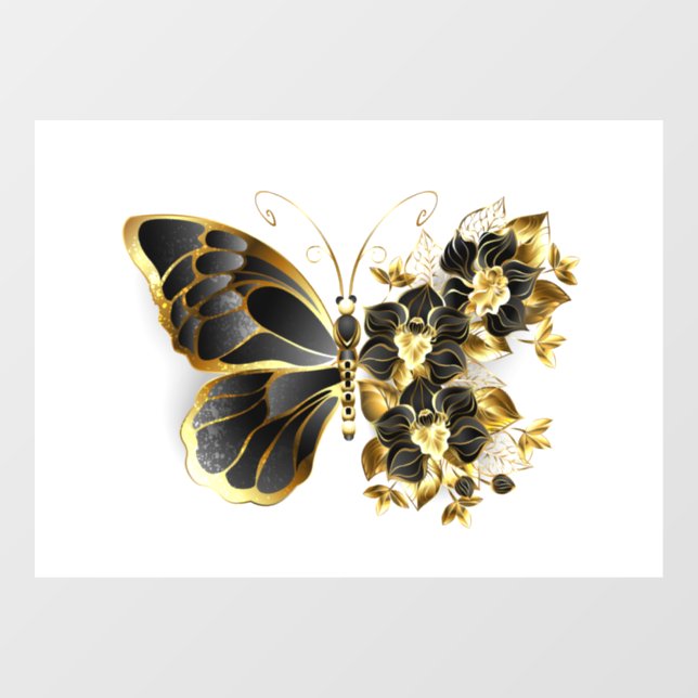 Gold Flower Butterfly with Black Orchid Window Cling (Sheet)
