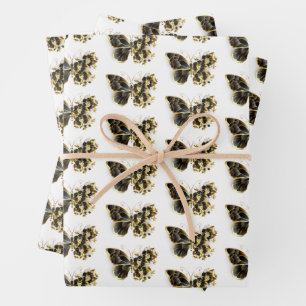 Gold Flower Butterfly with Black Orchid Wrapping Paper Sheet