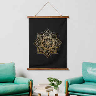 Gold Flower Mandala on Black   Hanging Tapestry