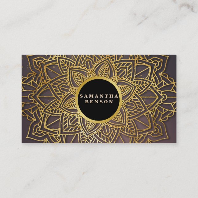 Gold  Flower Mandala Pattern Yoga Instructor Business Card (Front)